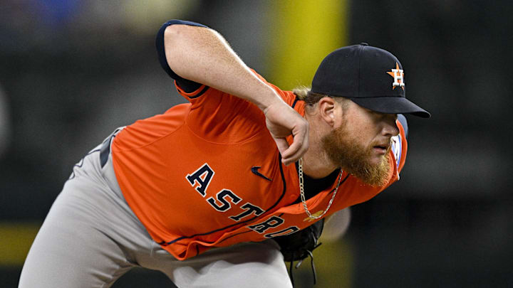 Sep 7, 2025; Arlington, Texas, USA; Houston Astros relief pitcher Craig Kimbrel (46) pitches against the Texas Rangers during the eighth inning at Globe Life Field. Mandatory Credit: Jerome Miron-Imagn Images