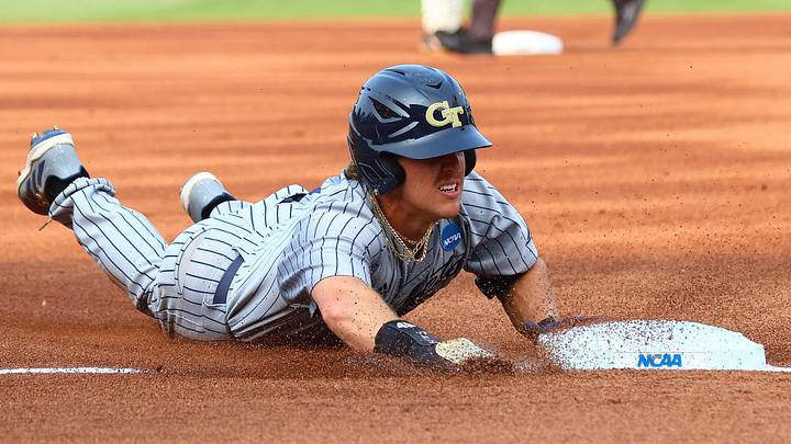 May 31, 2025; Oxford, MS, USA; Georgia Tech Yellowjackets outfielder Drew Burress (8) slides into third base during the first inning against the Murray State Racers. Mandatory Credit: Petre Thomas-Imagn Images May 31, 2025; Oxford, MS, USA; Georgia Tech Yellowjackets outfielder Drew Burress (8) slides into third base during the first inning against the Murray State Racers. Mandatory Credit: Petre Thomas-Imagn Images