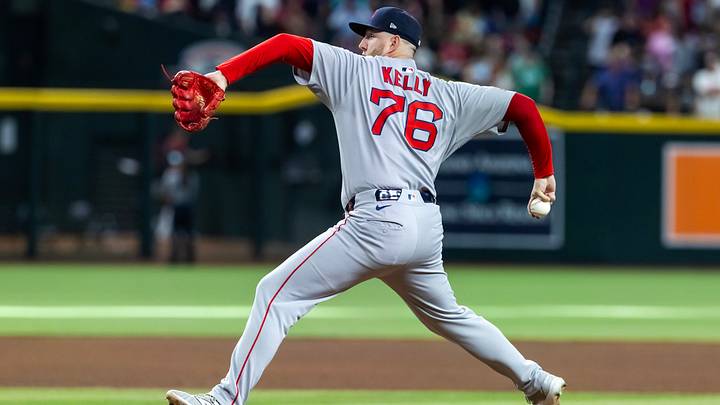 Sep 7, 2025; Phoenix, Arizona, USA; Boston Red Sox pitcher Zack Kelly against the Arizona Diamondbacks at Chase Field. Mandatory Credit: Mark J. Rebilas-Imagn Images
