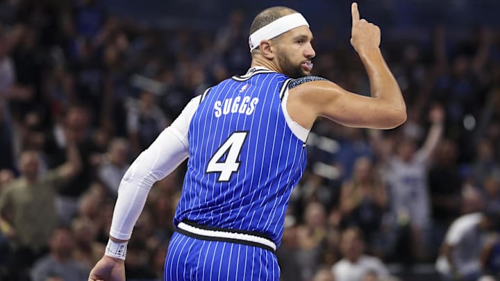 Dec 5, 2025; Orlando, Florida, USA; Orlando Magic guard Jalen Suggs (4) reacts after a basket against the Miami Heat in the third quarter at Kia Center. Mandatory Credit: Nathan Ray Seebeck-Imagn Images