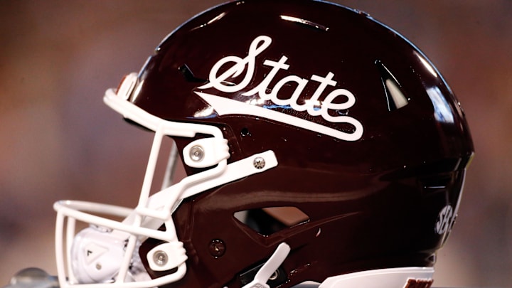 Nov 23, 2023; Starkville, Mississippi, USA; A Mississippi State Bulldogs helmet sits on the sidelines during the first half against the Mississippi Rebels at Davis Wade Stadium at Scott Field. Mandatory Credit: Petre Thomas-Imagn Images