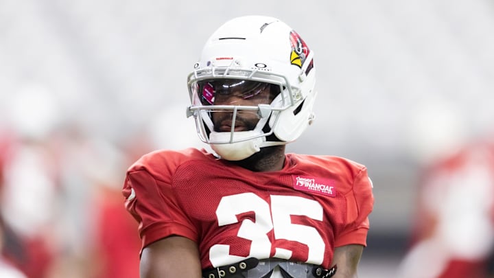 Jul 29, 2025; Glendale, AZ, USA; Arizona Cardinals running back Bam Knight (35) during training camp at State Farm Stadium. Mandatory Credit: Mark J. Rebilas-Imagn Images Jul 29, 2025; Glendale, AZ, USA; Arizona Cardinals running back Bam Knight (35) during training camp at State Farm Stadium. Mandatory Credit: Mark J. Rebilas-Imagn Images