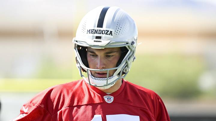 Las Vegas Raiders quarterback Fernando Mendoza runs through a drill during a Rookie Minicamp.