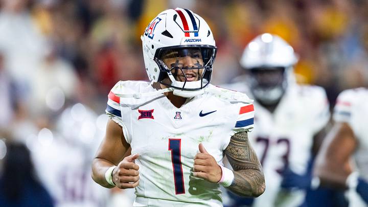Nov 28, 2025; Tempe, Arizona, USA; Arizona Wildcats quarterback Noah Fifita (1) against the Arizona State Sun Devils during the 99th Territorial Cup at Mountain America Stadium.