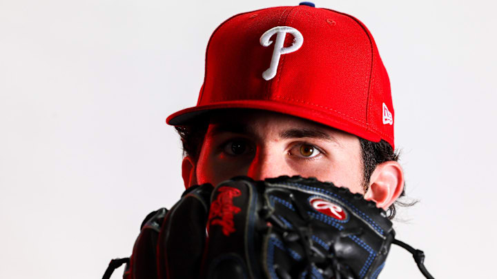 Feb 23, 2023; Clearwater, FL, USA; Philadelphia Phillies pitcher Andrew Painter (76) during photo day at BayCare Ballpark. 