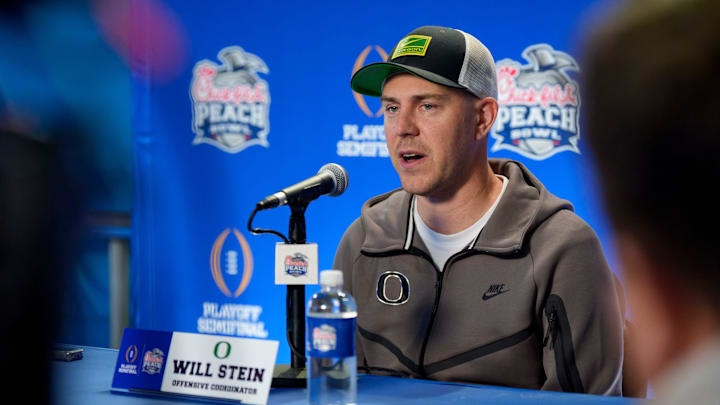 Oregon offensive coordinator Will Stein speaks during a media day as the Oregon Ducks arrive on Jan. 7, 2025, in Atlanta, Georgia ahead of the Peach Bowl at Mercedes-Benz Stadium.