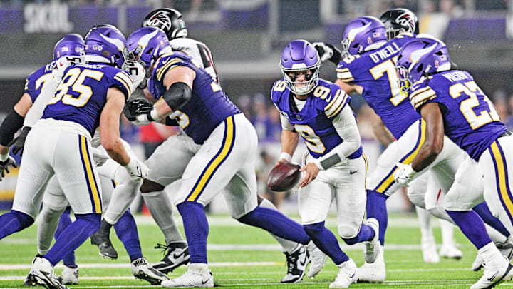 Sep 14, 2025; Minneapolis, Minnesota, USA; Minnesota Vikings quarterback J.J. McCarthy (9) runs the ball during the first half against the Atlanta Falcons at U.S. Bank Stadium. Sep 14, 2025; Minneapolis, Minnesota, USA; Minnesota Vikings quarterback J.J. McCarthy (9) runs the ball during the first half against the Atlanta Falcons at U.S. Bank Stadium.