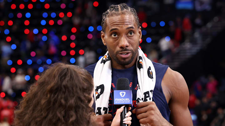 Jan 4, 2025; Inglewood, California, USA;  Los Angeles Clippers forward Kawhi Leonard (2) talks during a post game interview after defeating the Atlanta Hawks at Intuit Dome. Mandatory Credit: Kiyoshi Mio-Imagn Images