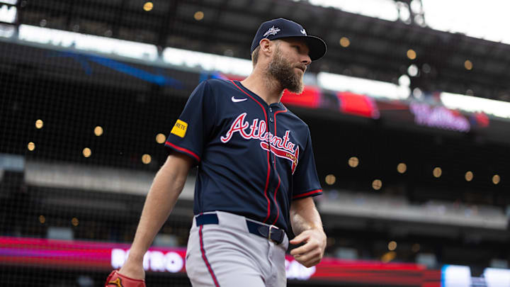 May 29, 2025; Philadelphia, Pennsylvania, USA; Atlanta Braves pitcher Chris Sale takes the field to warm up before action against the Philadelphia Phillies at Citizens Bank Park. Mandatory Credit: Bill Streicher-Imagn Images
