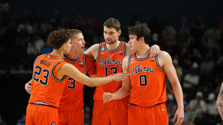 Mar 21, 2026; Greenville, SC, USA; Illinois Fighting Illini celebrates after a play during the second half against the VCU Rams during a second round game of the men's 2026 NCAA Tournament at Bon Secours Wellness Arena. Mandatory Credit: Bob Donnan-Imagn Images Mar 21, 2026; Greenville, SC, USA; Illinois Fighting Illini celebrates after a play during the second half against the VCU Rams during a second round game of the men's 2026 NCAA Tournament at Bon Secours Wellness Arena. Mandatory Credit: Bob Donnan-Imagn Images