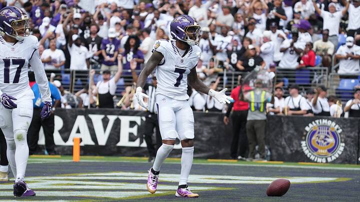 Sep 20, 2026; Baltimore, Maryland, USA; Baltimore Ravens wide receiver Rashod Bateman (7) celebrates after scoring a touchdown in the second quarter against the New Orleans Saints at M&T Bank Stadium. Mandatory Credit: James Lang-Imagn Images Sep 20, 2026; Baltimore, Maryland, USA; Baltimore Ravens wide receiver Rashod Bateman (7) celebrates after scoring a touchdown in the second quarter against the New Orleans Saints at M&T Bank Stadium. Mandatory Credit: James Lang-Imagn Images