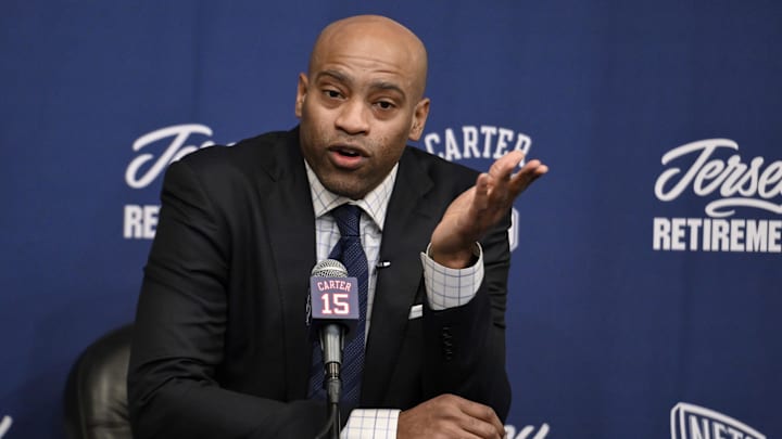 Jan 25, 2025; Brooklyn, New York, USA; Former NBA star Vince Carter speaks at a jersey retirement press conference before a game between the Brooklyn Nets and the Miami Heat at Barclays Center. Mandatory Credit: John Jones-Imagn Images Jan 25, 2025; Brooklyn, New York, USA; Former NBA star Vince Carter speaks at a jersey retirement press conference before a game between the Brooklyn Nets and the Miami Heat at Barclays Center. Mandatory Credit: John Jones-Imagn Images