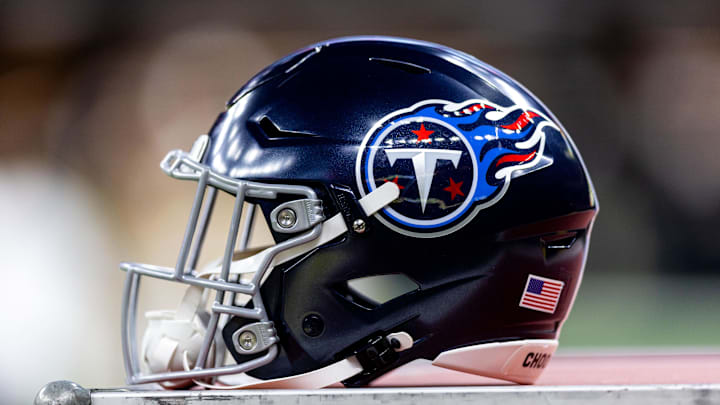 Aug 25, 2024; New Orleans, Louisiana, USA;  Detailed view of the Tennessee Titans helmet against the New Orleans Saints during the first half at Caesars Superdome. Mandatory Credit: Stephen Lew-Imagn Images