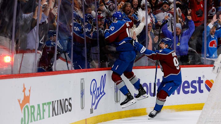 Apr 21, 2026; Denver, Colorado, USA; Colorado Avalanche center Nicolas Roy (10) celebrates his game winning goal with left wing Joel Kiviranta (94) in overtime against the Los Angeles Kings in game two of the first round of the 2026 Stanley Cup Playoffs at Ball Arena. Mandatory Credit: Isaiah J. Downing-Imagn Images