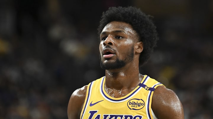 Los Angeles Lakers guard Bronny James (9) looks on against the Golden State Warriors in the fourth quarter during a preseason game at T-Mobile Arena. Mandatory Credit: Candice Ward-Imagn Images