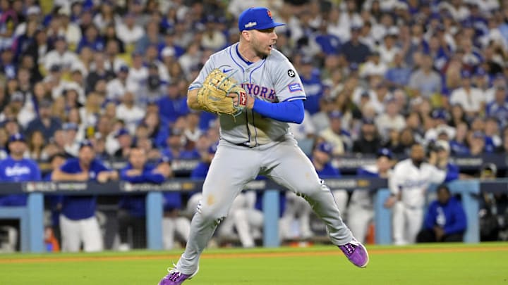 New York Mets first baseman Pete Alonso fields a ball during a National League Championship Series game against the Los Angeles Dodgers on Oct. 20 at Dodger Stadium.