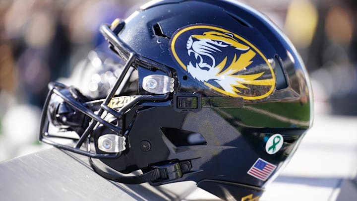 Oct 7, 2023; Columbia, Missouri, USA; A general view of a Missouri Tigers helmet against the LSU Tigers prior to a game at Faurot Field at Memorial Stadium. Mandatory Credit: Denny Medley-Imagn Images
