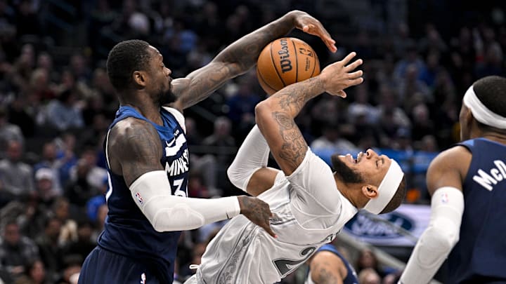 Minnesota Timberwolves forward Julius Randle blocks a shot by Dallas Mavericks center Daniel Gafford during the second half at the American Airlines Center in Dallas on Jan. 22, 2025. Minnesota Timberwolves forward Julius Randle blocks a shot by Dallas Mavericks center Daniel Gafford during the second half at the American Airlines Center in Dallas on Jan. 22, 2025.