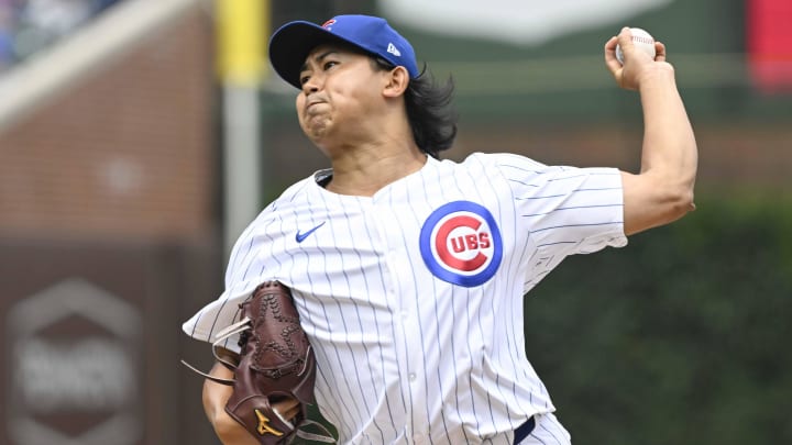 Jul 21, 2024; Chicago, Illinois, USA; Chicago Cubs pitcher Shota Imanaga (18) pitches against the Arizona Diamondbacks during the first inning at Wrigley Field. Jul 21, 2024; Chicago, Illinois, USA; Chicago Cubs pitcher Shota Imanaga (18) pitches against the Arizona Diamondbacks during the first inning at Wrigley Field.