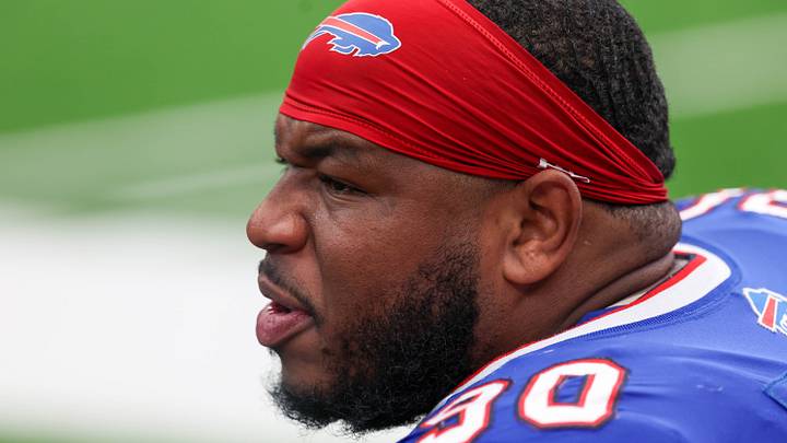 Sep 13, 2026; Houston, Texas, USA ;Buffalo Bills defensive tackle DeWayne Carter (90) sits on the sidelines as his team plays against the Houston Texans in the second half at Reliant Stadium. Mandatory Credit: Thomas Shea-Imagn Images