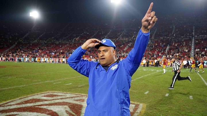 Nov 27, 2021; Los Angeles, California, USA; BYU Cougars head coach Kalani Sitake celebrates against the Southern California Trojansin the second half at United Airlines Field at Los Angeles Memorial Coliseum. Mandatory Credit: Kirby Lee-Imagn Images
