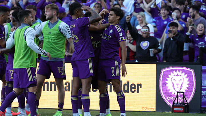 Nov 24, 2024; Orlando, Florida, USA; Orlando City forward Ramiro Enrique (7) celebrates a first half goal against Atlanta United in a 2024 MLS Cup conference semifinal match at Inter&Co Stadium. Mandatory Credit: Mike Watters-Imagn Images