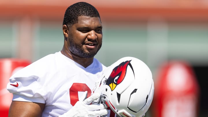 Jun 10, 2025; Tempe, AZ, USA; Arizona Cardinals defensive lineman Calais Campbell (93) holds his helmet during minicamp at the teams Arizona Cardinals Training Facility. Mandatory Credit: Mark J. Rebilas-Imagn Images Jun 10, 2025; Tempe, AZ, USA; Arizona Cardinals defensive lineman Calais Campbell (93) holds his helmet during minicamp at the teams Arizona Cardinals Training Facility. Mandatory Credit: Mark J. Rebilas-Imagn Images