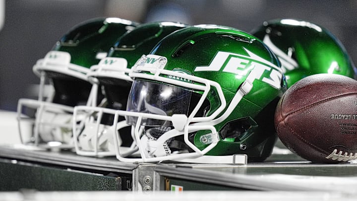 Aug 17, 2024; Charlotte, North Carolina, USA; New York Jets helmets during the second half against the Carolina Panthers at Bank of America Stadium. Aug 17, 2024; Charlotte, North Carolina, USA; New York Jets helmets during the second half against the Carolina Panthers at Bank of America Stadium.