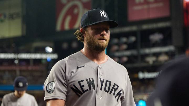 New York Yankees pitcher Gerrit Cole (45) walks in after pitching in the fifth inning of a game against the Arizona Diamondbacks at Chase Field. New York Yankees pitcher Gerrit Cole (45) walks in after pitching in the fifth inning of a game against the Arizona Diamondbacks at Chase Field.