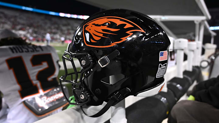 Nov 29, 2025; Pullman, Washington, USA; Oregon State Beavers helmet sits during a game against the Washington State Cougars in the second half at Gesa Field at Martin Stadium. Mandatory Credit: James Snook-Imagn Images