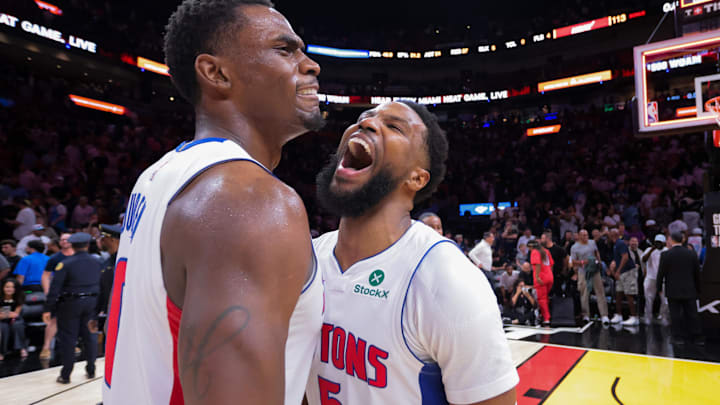 Mar 19, 2025; Miami, Florida, USA; Detroit Pistons guard Malik Beasley (5) celebrates with center Jalen Duren (0) after the game against the Miami Heat at Kaseya Center. Mandatory Credit: Sam Navarro-Imagn Images