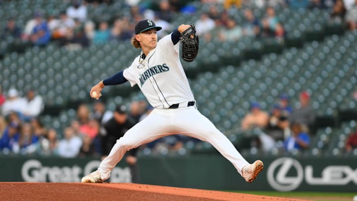 Sep 12, 2024; Seattle, Washington, USA; Seattle Mariners starting pitcher Bryce Miller (50) pitches to the Texas Rangers during the first inning at T-Mobile Park. Mandatory Credit: Steven Bisig-Imagn Images