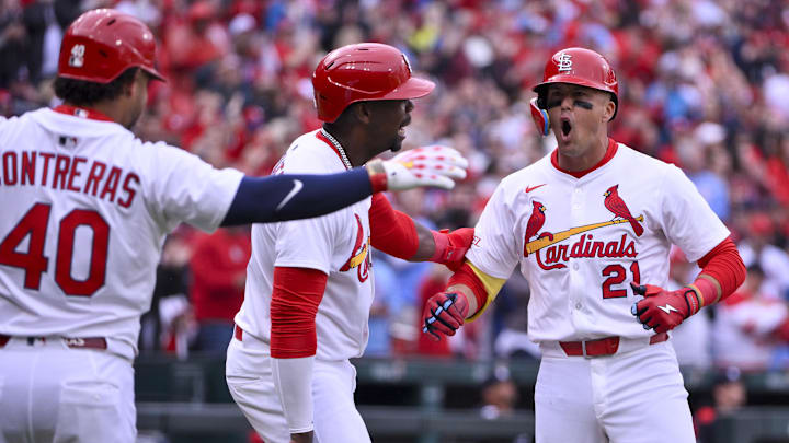 Mar 27, 2025; St. Louis, Missouri, USA; St. Louis Cardinals left fielder Lars Nootbaar (21) celebrates with right fielder Jordan Walker (18) and first baseman Willson Contreras (40) after hitting a two run home run against the Minnesota Twins during the second inning at Busch Stadium. Mandatory Credit: Jeff Curry-Imagn Images Mar 27, 2025; St. Louis, Missouri, USA; St. Louis Cardinals left fielder Lars Nootbaar (21) celebrates with right fielder Jordan Walker (18) and first baseman Willson Contreras (40) after hitting a two run home run against the Minnesota Twins during the second inning at Busch Stadium. Mandatory Credit: Jeff Curry-Imagn Images