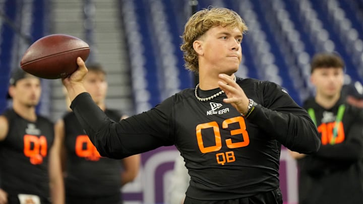 Mar 1, 2025; Indianapolis, IN, USA; Mississippi quarterback Jaxson Dart (QB03) during the 2025 NFL Combine at Lucas Oil Stadium. Mandatory Credit: Kirby Lee-Imagn Images Mar 1, 2025; Indianapolis, IN, USA; Mississippi quarterback Jaxson Dart (QB03) during the 2025 NFL Combine at Lucas Oil Stadium. Mandatory Credit: Kirby Lee-Imagn Images
