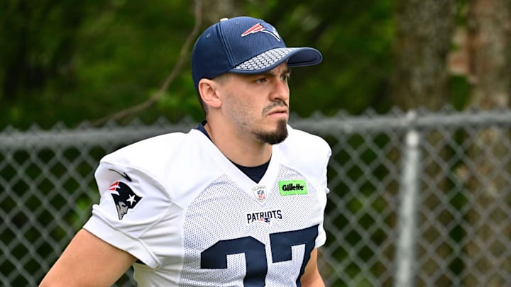 Jun 9, 2025; Foxborough, MA, USA; New England Patriots place kicker John Parker Romo (37) walks to the practice fields at Gillette Stadium. Mandatory Credit: Eric Canha-Imagn Images