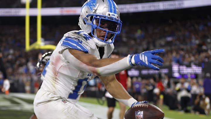 Sep 22, 2025; Baltimore, Maryland, USA; Detroit Lions wide receiver Amon-Ra St. Brown (14) reacts after a touchdown against the Baltimore Ravens during the second half at M&T Bank Stadium. Mandatory Credit: Peter Casey-Imagn Images Sep 22, 2025; Baltimore, Maryland, USA; Detroit Lions wide receiver Amon-Ra St. Brown (14) reacts after a touchdown against the Baltimore Ravens during the second half at M&T Bank Stadium. Mandatory Credit: Peter Casey-Imagn Images