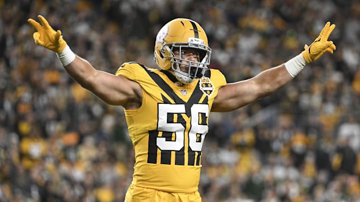 Oct 26, 2025; Pittsburgh, Pennsylvania, USA; Pittsburgh Steelers linebacker Alex Highsmith (56) celebrates a stop on third down against the Green Bay Packers during the second quarter at Acrisure Stadium. Mandatory Credit: Barry Reeger-Imagn Images Oct 26, 2025; Pittsburgh, Pennsylvania, USA; Pittsburgh Steelers linebacker Alex Highsmith (56) celebrates a stop on third down against the Green Bay Packers during the second quarter at Acrisure Stadium. Mandatory Credit: Barry Reeger-Imagn Images
