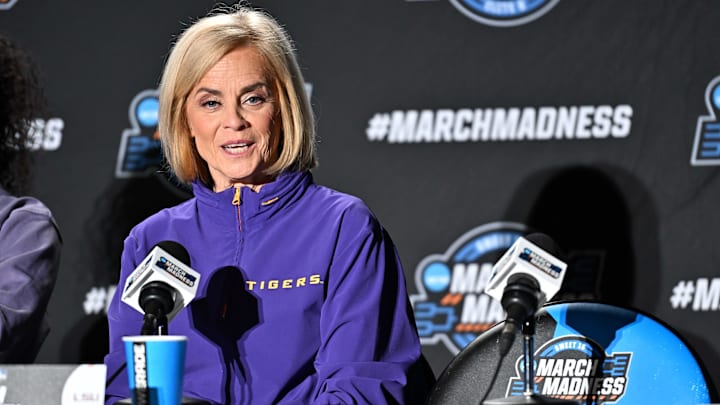 Mar 27, 2025; Spokane, WA, USA; LSU Lady Tigers head coach Kim Mulkey talks with media during an NCAA Tournament practice session at Spokane Arena. Mandatory Credit: James Snook-Imagn Images