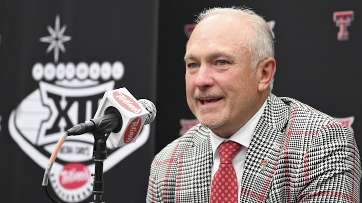 Jul 9, 2024; Las Vegas, NV, USA; Texas Tech head coach Joey McGuire speaks to the media during the Big 12 Media Days at Allegiant Stadium. Mandatory Credit: Candice Ward-USA TODAY Sports