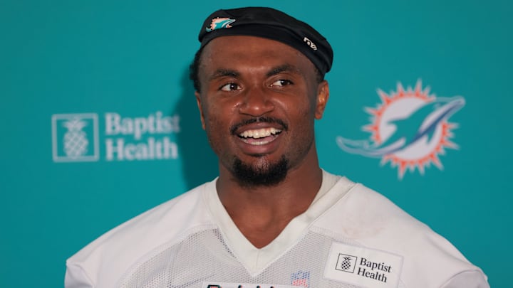 Miami Dolphins tackle Austin Jackson (73) speaks to reporters during training camp at Baptist Health Training Complex.
