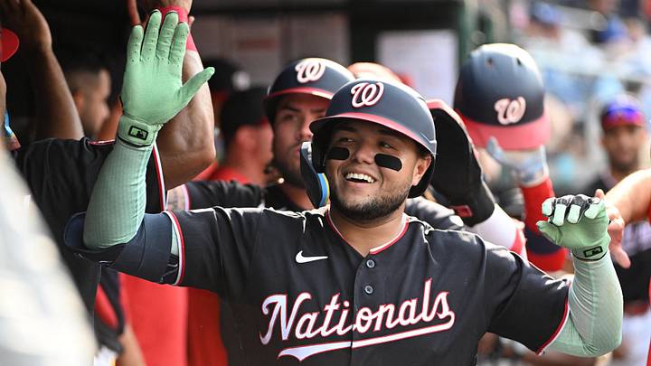 Aug 13, 2026; Washington, District of Columbia, USA; Washington Nationals first baseman Abimelec Ortiz (81) is congratulated by teammates after hitting a three run home run against the Chicago Cubs during the fifth inning at Nationals Park. Mandatory Credit: Brad Mills-Imagn Images