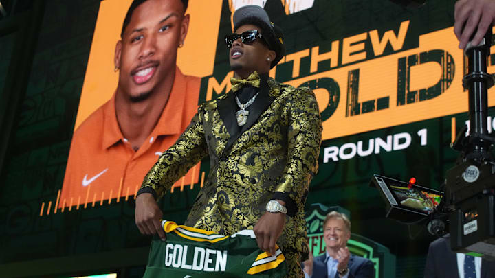 Matthew Golden reacts after being drafted in the first round by the Green Bay Packers.