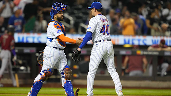 Sep 13, 2023; New York City, New York, USA; New York Mets catcher Omar Narvaez (2) and New York Mets