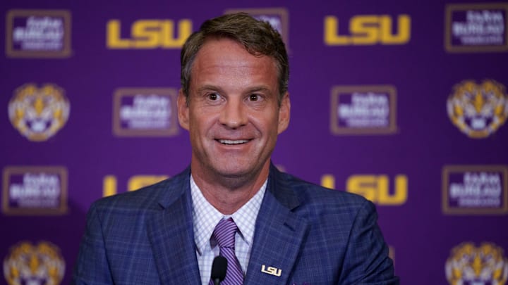 LSU new head coach Lane Kiffin speaks at South Stadium Club at Tiger Stadium. 