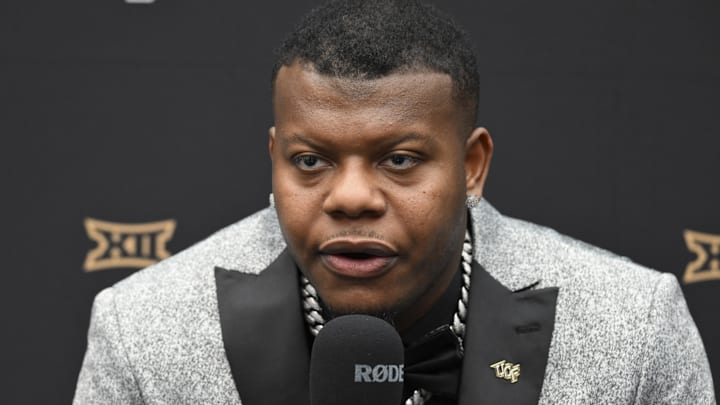 Jul 10, 2024; Las Vegas, NV, USA; UCF Knights quarterback KJ Jefferson speaks to the media during the Big 12 Media Days at Allegiant Stadium. Mandatory Credit: Candice Ward-USA TODAY Sports