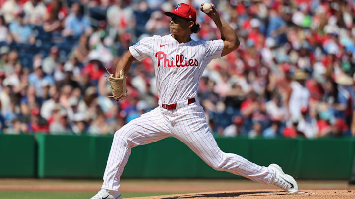 Feb 28, 2025; Clearwater, Florida, USA;  Philadelphia Phillies starting pitcher Jesus Luzardo (44) throws a pitch during the first inning against the Boston Red Sox at BayCare Ballpark.