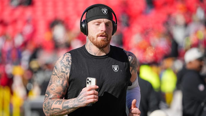 Nov 29, 2024; Kansas City, Missouri, USA; Las Vegas Raiders defensive end Maxx Crosby (98) warms up against the Kansas City Chiefs prior go a game at GEHA Field at Arrowhead Stadium. Mandatory Credit: Denny Medley-Imagn Images