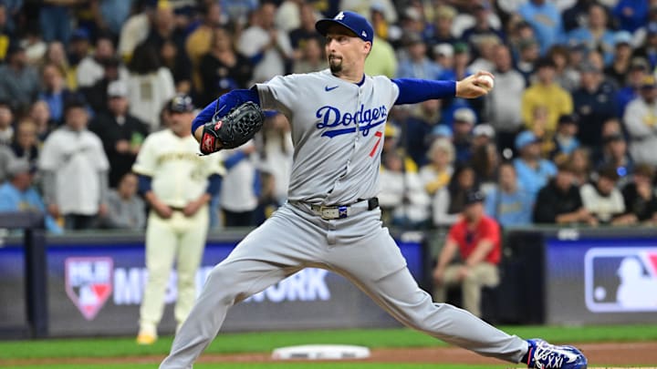 Oct 13, 2025; Milwaukee, Wisconsin, USA; Los Angeles Dodgers starting pitcher Blake Snell (7) throws during the sixth inning against the Milwaukee Brewers during game one of the NLCS round for the 2025 MLB playoffs at American Family Field. Mandatory Credit: Benny Sieu-Imagn Images