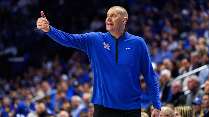 Oct 30, 2025; Lexington, KY, USA; Kentucky Wildcats head coach Mark Pope calls out to his players during the first half against the Georgetown Hoyas at Rupp Arena at Central Bank Center. Mandatory Credit: Jordan Prather-Imagn Images