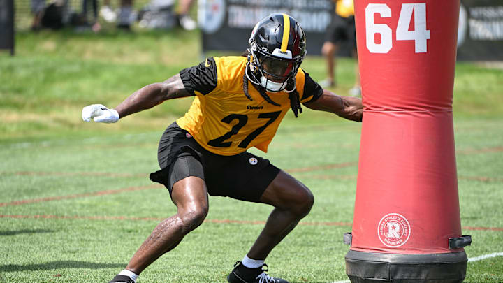 Jul 25, 2025; Pittsburgh, PA, USA; Pittsburgh Steelers cornerback Cory Trice Jr. (27) participates in drills during training camp at Saint Vincent College. Mandatory Credit: Barry Reeger-Imagn Images Jul 25, 2025; Pittsburgh, PA, USA; Pittsburgh Steelers cornerback Cory Trice Jr. (27) participates in drills during training camp at Saint Vincent College. Mandatory Credit: Barry Reeger-Imagn Images